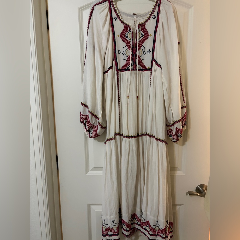 Free People White Maxi Dress with Red and Black Embroidery